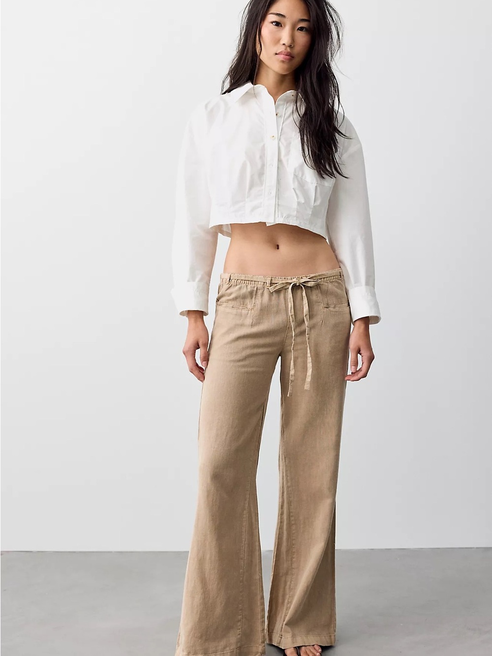 Free People Relaxed Drawstring Wide-Leg Pants in Beige